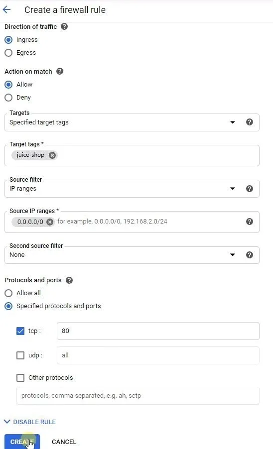 Firewall rule settings for the juice-shop VM instance☁ Build and Secure Networks in Google Cloud: Challenge Lab | logbook