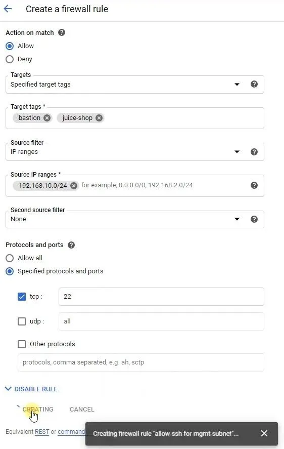 Firewall rule settings for the SSH traffic from acme-mgmt-subnet☁ Build and Secure Networks in Google Cloud: Challenge Lab | logbook