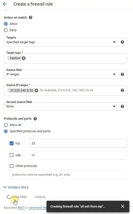 Firewall rule settings for the secure remote ssh access via IAP-enabled bastion☁ Build and Secure Networks in Google Cloud: Challenge Lab | logbook