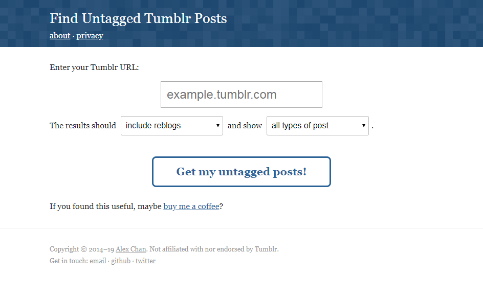 Screenshot of the Find Untagged Tumblr Posts (finduntaggedtumblrposts.com)