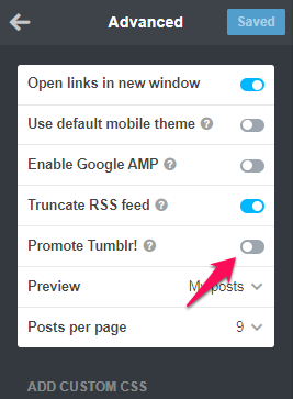 Snapshot of the Advcaned Settings of Tumblr Dashboard